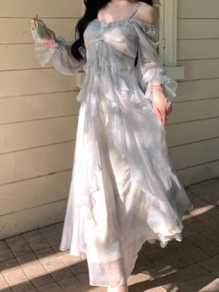 LBSFY -Autumn French Fashion Print Fairy Long Dresses Women Elegant Ruffles A-Line Party Birthday Vestido Female One Piece Clothes New