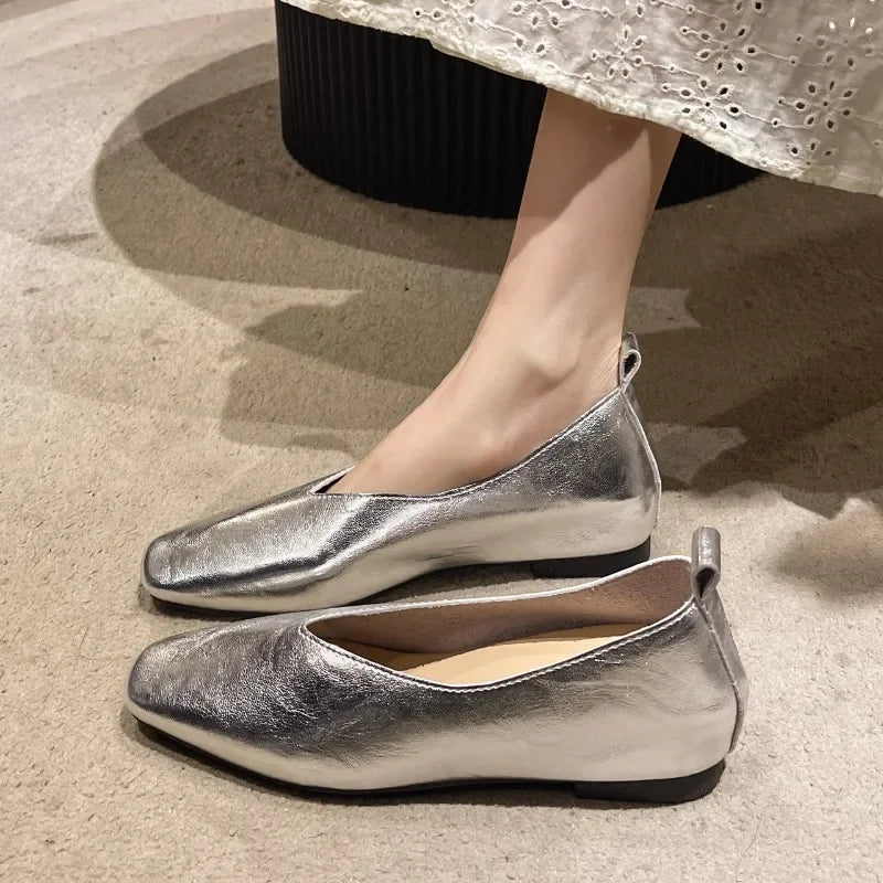 LBSFY  -Women's Loafers Genuine Leather Luxury Shoes Sss Grade Silver Heels Gold Pumps Square Toe Elegant Mary Janes Shoes For Women