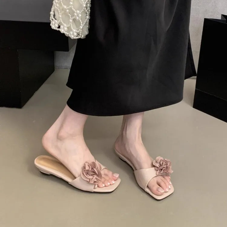LBSFY -Women French Flowers Slippers Summer Slides Open Toe Flat Casual Shoes Leisure Sandal Female Vacation Beach Flip Flops