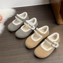 LBSFY  -  Designer Winter Mary Jane Cotton Shoes Women Belt Buckle Fashion Warm Fur Flats Shoes Femme Comfort Soft Sole Ballerina Shoes