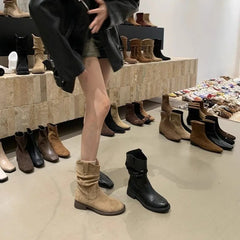 LBSFY -New Style Luxury Women's Fashion Short Boots Women's High Quality Genuine Leather Boots Wrinkled Split Toe Commuter Calf Boots