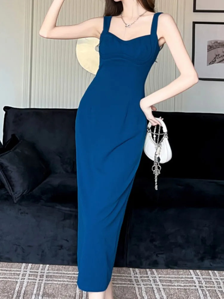LBSFY -Women's French Vintage Solid Sling Dresses Summer Elegant Square-Collar Split Sexy Zipper Midi Dress Office Lady Party Vestidos