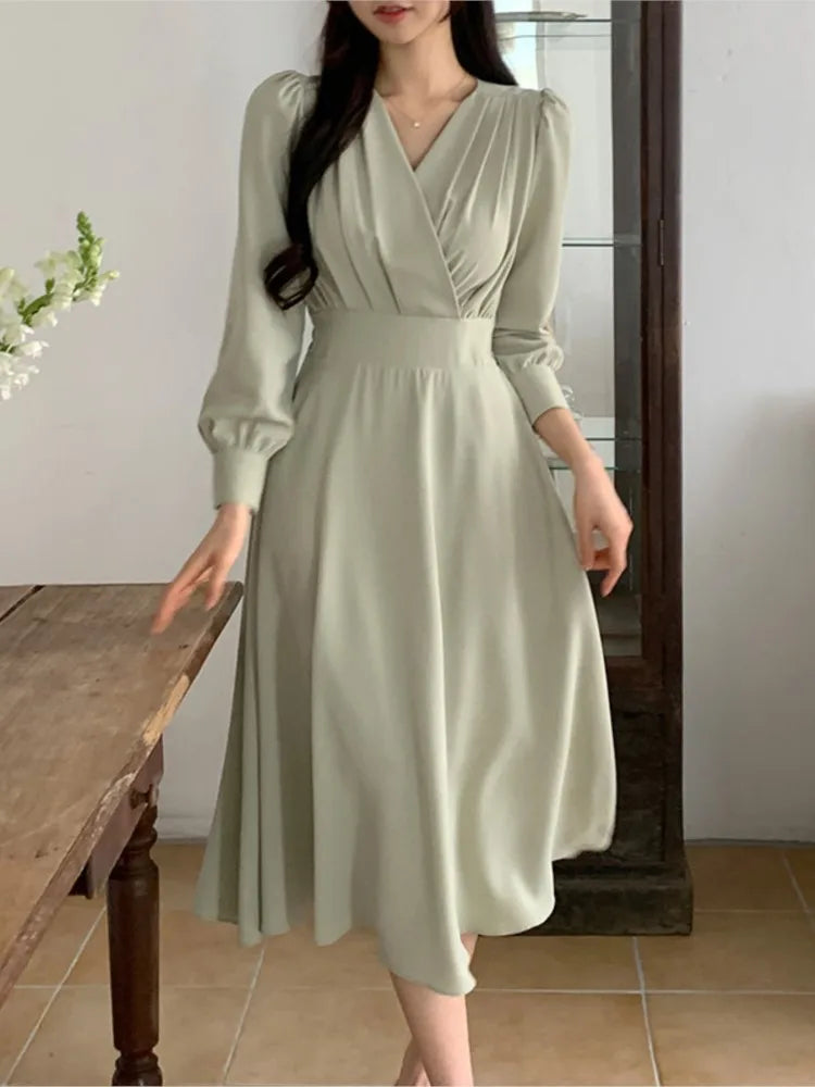LBSFY -Korean Solid Midi Dresses for Women Fashion V-neck Long Sleeve A-line Solid Casual Dress Office Lady Clothing 2024 Autumn New