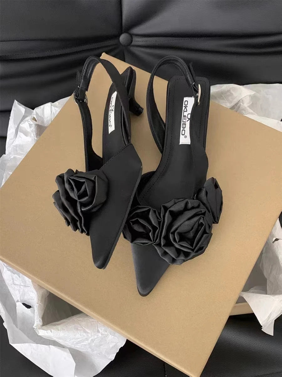 LBSFY -New Brand Women Sandal Fashion Flower Ladies Elegant Dress Slingback Shoes Thin Low Heel Dress Mules Pumps