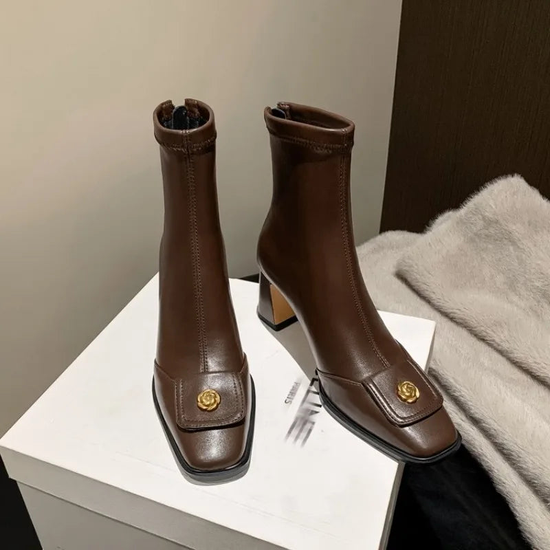 LBSFY -New Women's High Quality Zipper Design High Heels Womens Boots Trend Metal Decoration Casual Party Autumn Women's Ankle Boots