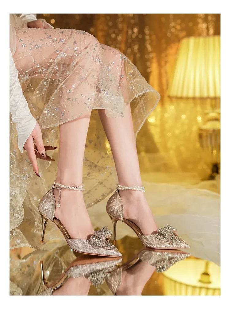 LBSFY -Spring Summer Fashion Pointed Toe Sandals Women's Rhinestone Pearl Butterfly Gold Silver High Heels Party Wedding Heeled Shoes