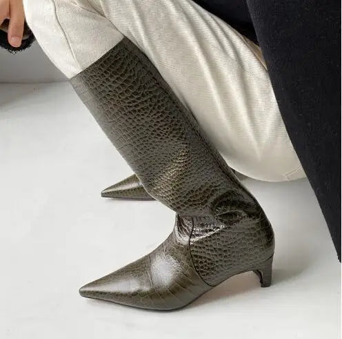 LBSFY  -  New Women Dark Green Black Crocodile Patterned Leather Pointed Square Toe 45 mm Kitten Heel Tube Slip On Knee High Boots Shoes