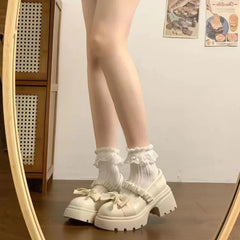 LBSFY -Japanese Style bowknot JK Thick Heel Mary Jane Women's Shoes Summer Vintage French Slip-On PU Leather Chunky Cosplay Pumps