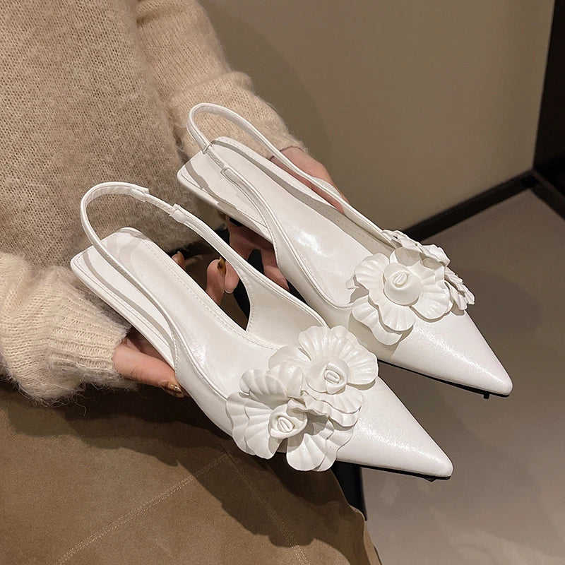 LBSFY -New Style Luxury Women's Mule Shoes Summer Fashion High Heel Flower Sexy Pointed Ladies Casual Outdoor Shoes Sweet White Sandals