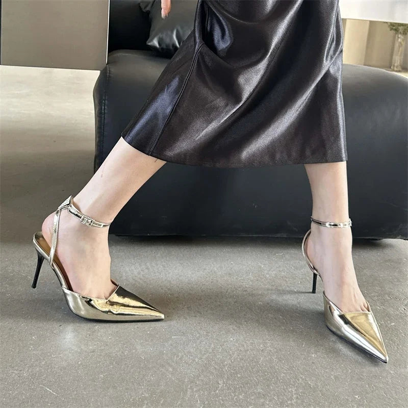 LBSFY -Gold Silver Ankle Buckle Strap Women Pumps Sexy Thin High Heels Pointed Toe Slingback Mules Dress Designer Shoes