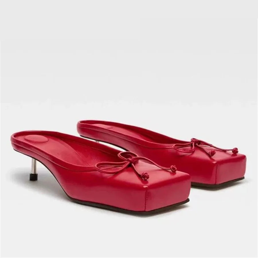 LBSFY  -  Fashion Square Toe Women Slippers High Heel Dress Pumps Red Shoes Woman 2024 Luxury Bowknot Ladies Sandals Runway Mules
