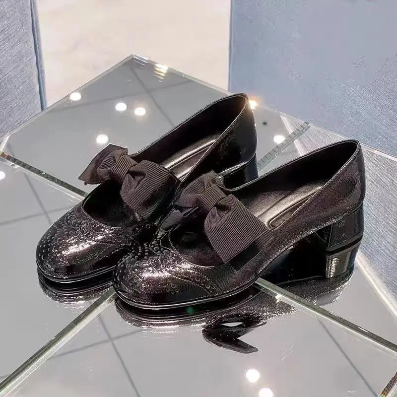 LBSFY  -  Black Butterfly-knot Female Pumps Round Toe Chunky High Heels Ankle Strap Shallow Luxury Party Dress Summer Women Shoes Loafers