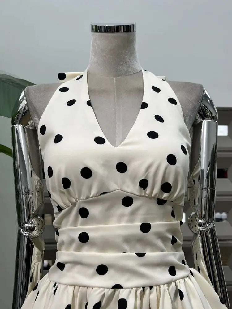 LBSFY -Elegant Dot Halter V-Neck Mini Dress Backless A-Line Gowns Women's Clothing Summer Beach Slimming Holiday Dresses Vestidos