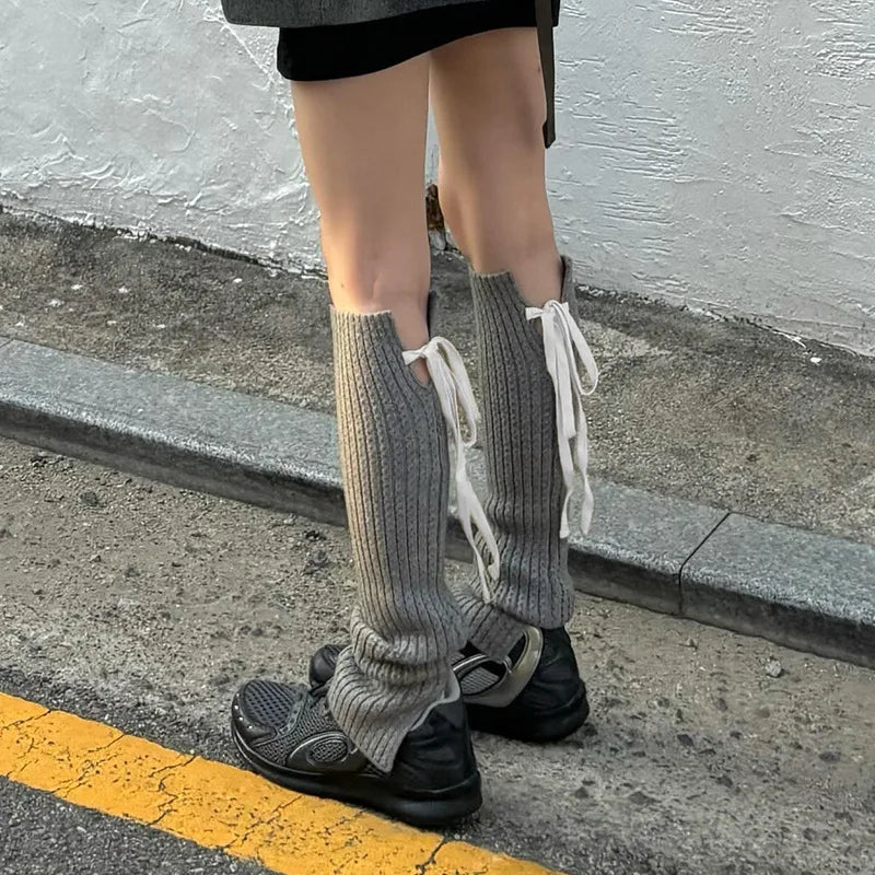 Lbsfy Korean Bow Tie Strap Knitted Leg Socks Y2K Leg Warmers Long Calf Covers Punk Japanese JK Pile Socks Stockings Stacked Socks