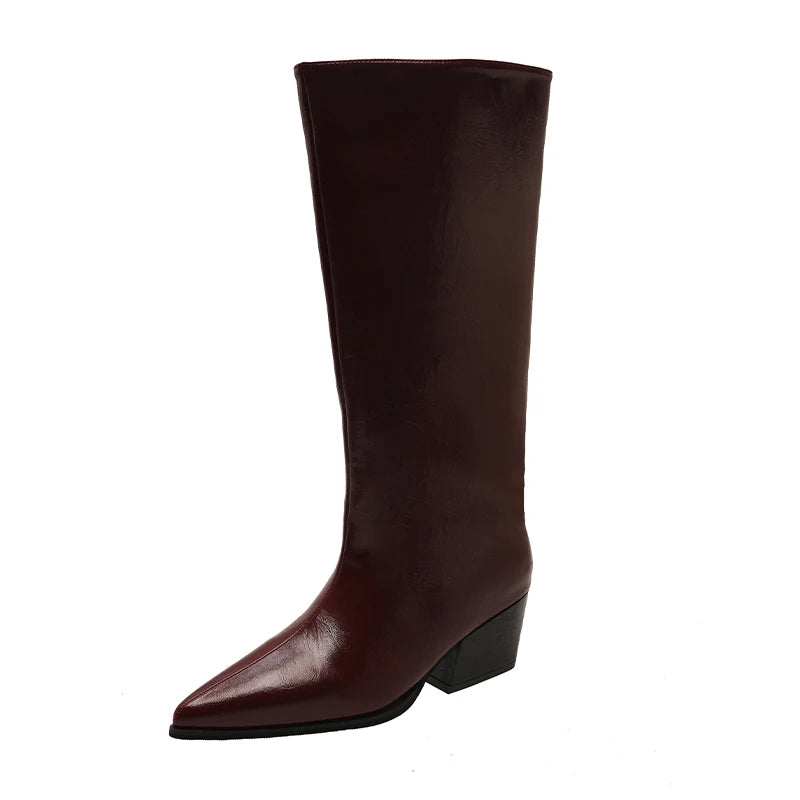 LBSFY -New Women's Leather Kitten Heel Square Toe Slip-on Autumn Knee High Boots Casual Female Long Boots Shoes Knee-High Boots