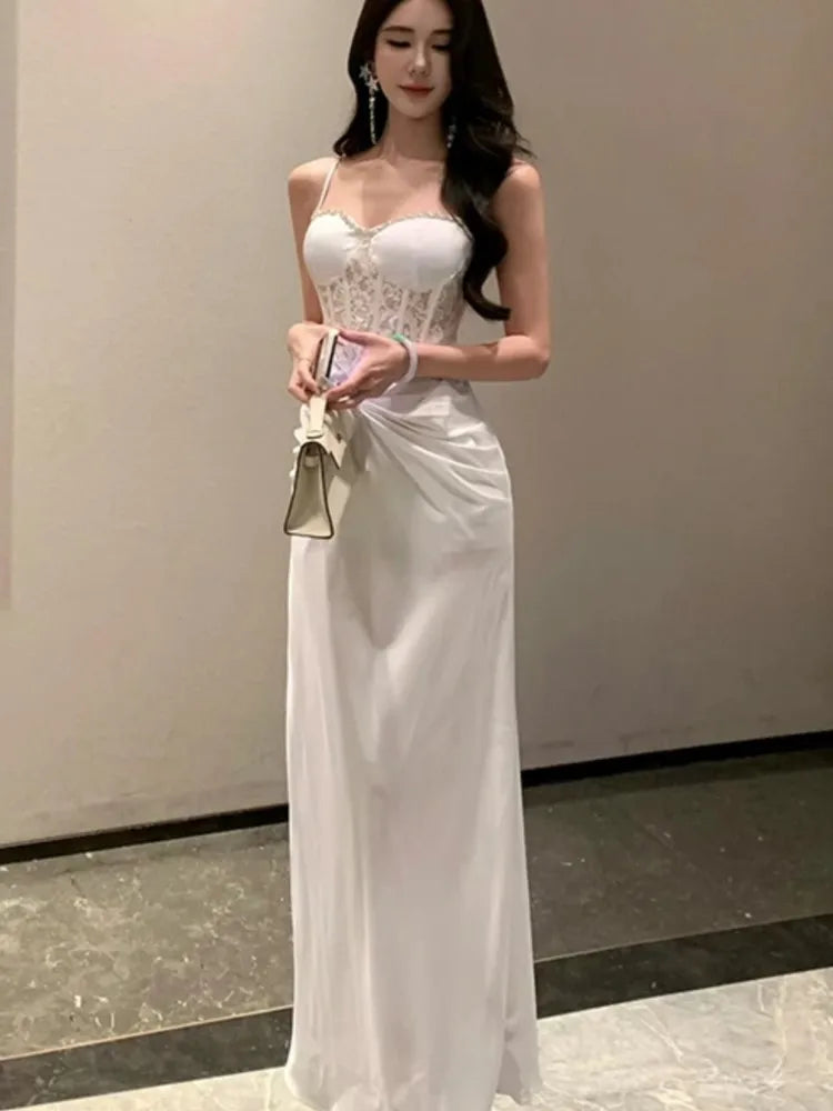 LBSFY -Summer Women's Elegant Sexy Evening Long Dresses White Spaghetti Strap Sleeveless Backless Wedding Party Birthday Robe New Chic