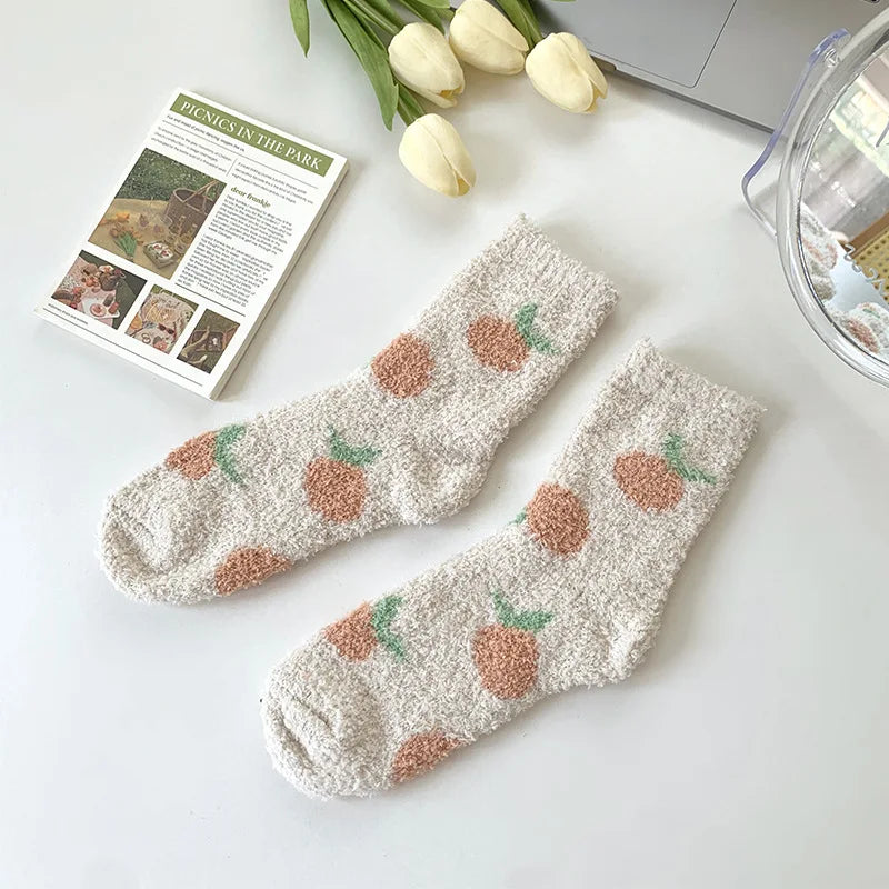 Lbsfy Women Socks Kawaii Cute Strawberry Cherry Flowers Winter Thicken Warm Soft Coral Fleece Thermal Homewear Floor Sleeping Socks
