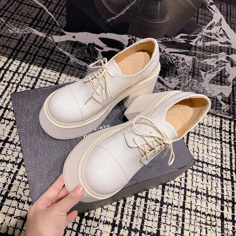 LBSFY  -  Fashion Pumps New High Quality True Leather Round Head Lace up Thick Sole High Heels Lolita Style Modern Women's Shoes