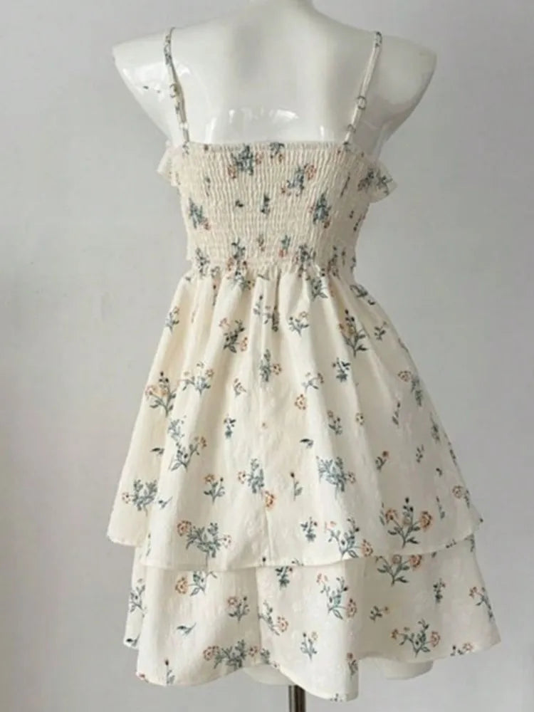 LBSFY -Elegant French Floral Mini Women's Dress V-Neck Ruffles Print Spaghetti Strap Dresses Summer Holiday Beach Festival Clothes