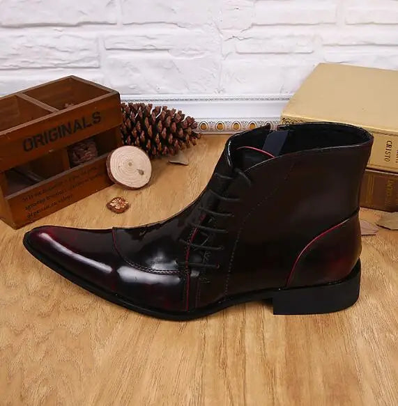 LBSFY  -  New Burgundy Black Matte Genuine Leather Pointed Toe Business Shoes Man Cross Tied High Top Flat Short Ankle Boots Size 47