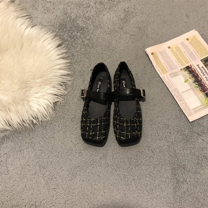 LBSFY  -  New Spring Suqare Toe Flat Shoes Women Mary Jane Fashion Plaid Fabric Ladies Soft Casual Shoes Dress Flat Ballet Girl Zapatillas