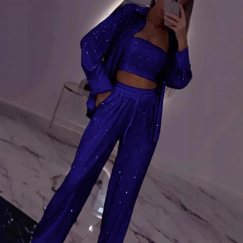 LBSFY  -  Female Long Sleeve Shirt + Tube Tops Tank + Wide Leg Pants Suit for Women 2025 Party Fashion Women Sequins Outfit 3Pcs Sets