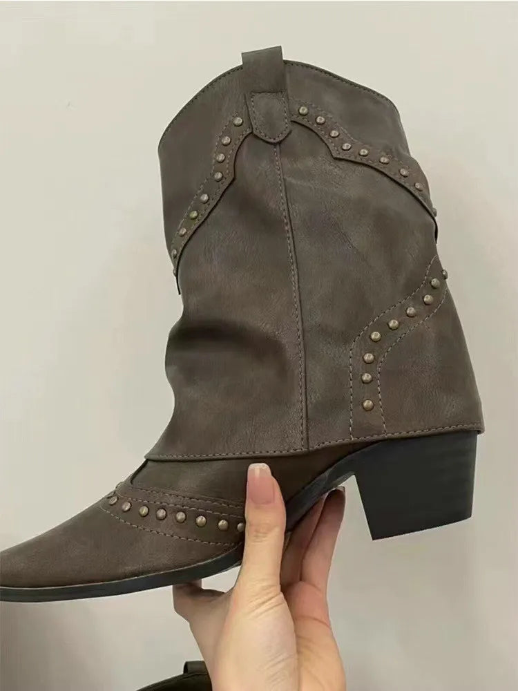 LBSFY  -  Retro Pointy Western Cowhide Leather Boots Women's New Brown Riveted Pant Boots All Match Chunky Heel Thigh-high Tide Boot