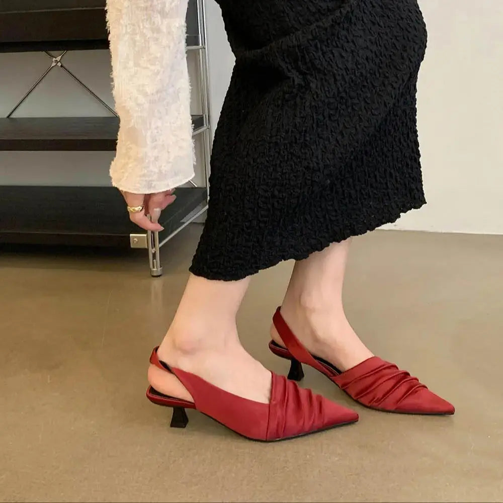 LBSFY  -  Summer Women Sandals Pointed Toe Black Brown Red Elastic Back Strap Thin Mid Heels New Arrivals 2024 Black Brown Red Pumps 35-39