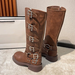 LBSFY  -  Ins style Fashion Metal Buckle Real Leather Women Motorcycle Boots Vintage Autumn Winter Gothic Platform Knee-high Boots Shoes