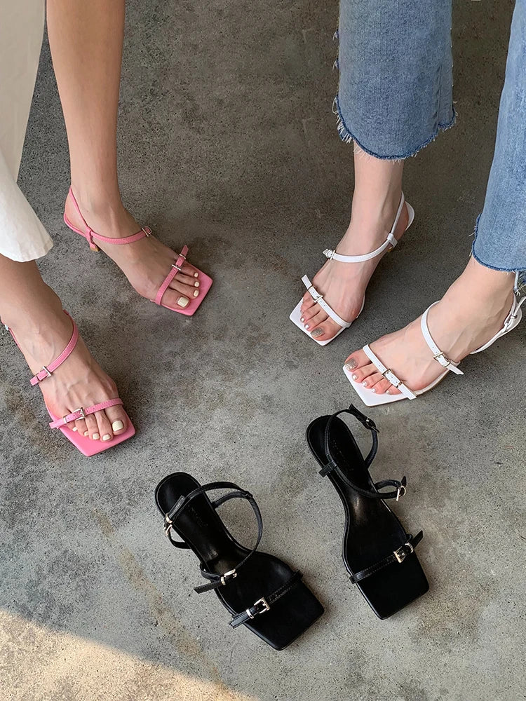 LBSFY  -  Women's Shoes Sandals Square Toe Slim Heels 2024 Summer New Open Toe, One Line Buckle High Heels