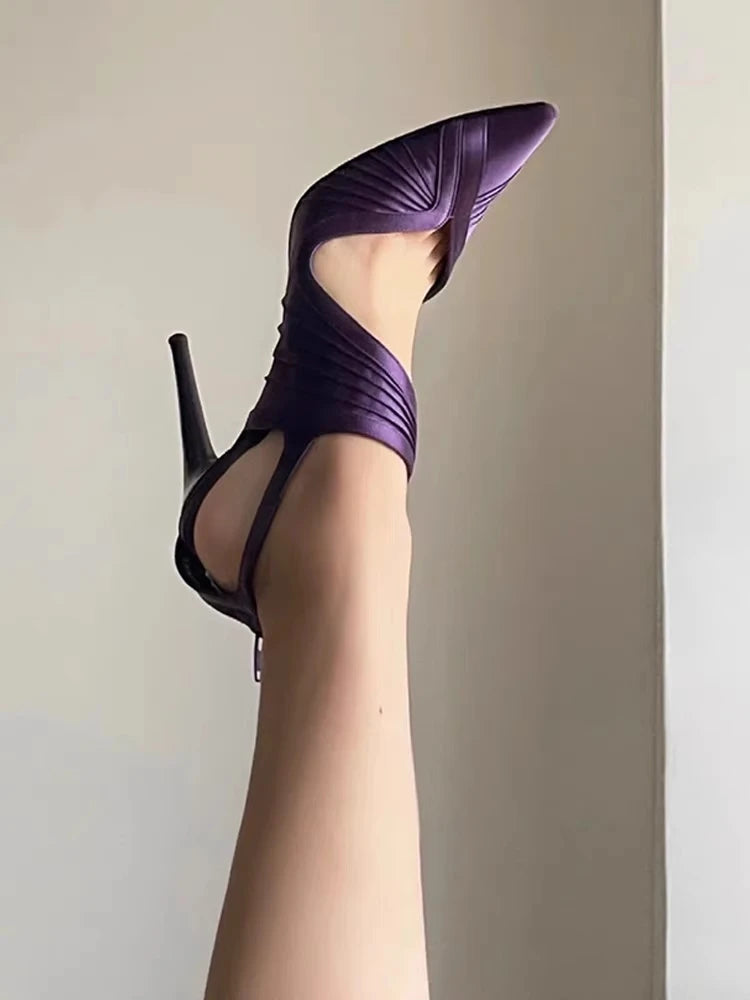 LBSFY  -  Sexy Purple Pointed Toe Sandals Back Zip Stiletto Heels Satin Cutouts Wrinkles Pumps Vintage Elegant Ladies Dress Party Shoes