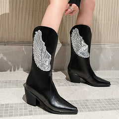 LBSFY  - Plus Size Bling Angel Wings Pattern Sequin Women's Mid Length Boots Pointed Toe Tapered Thick Heels Slip-On Dance Booties Silver