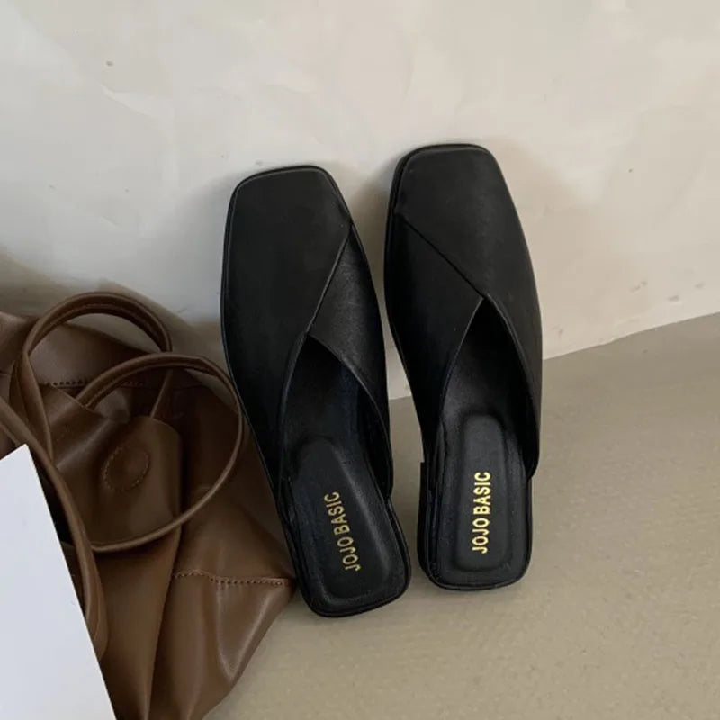 LBSFY -Flat Half Drag Slippers Square Toe Sandals 2025 Spring/Summer Outside Wear Casual Soft Bottom Mules Low Heel Sapatos Femininos