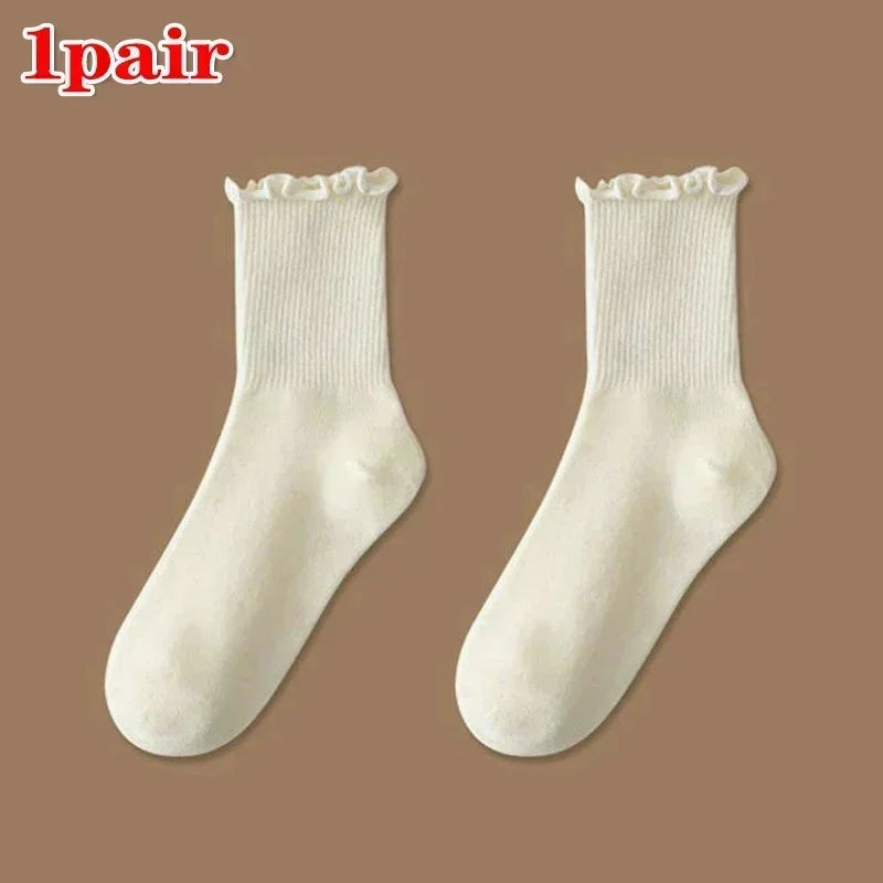 Lbsfy 1/3pairs Cute Cotton Ruffles Ankle Sock Women Autumn Black White Middle Tube Breathable Japanese Sock Lolita Kawaii Korean Stock