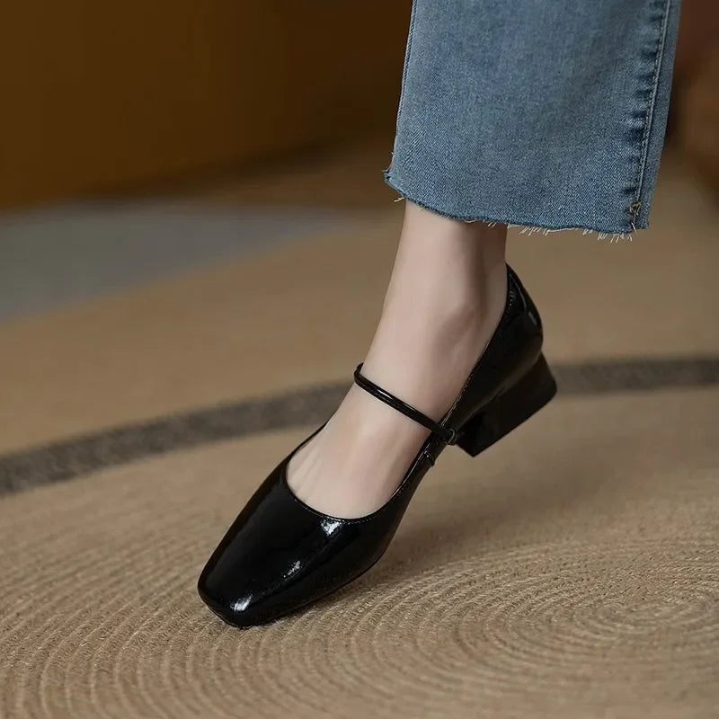 LBSFY -Elegant High Heels French Dress Party Shoes for Woman Platform Patent Leather Mary Jane Burgundy Black Square Toe Mid-heel Pumps