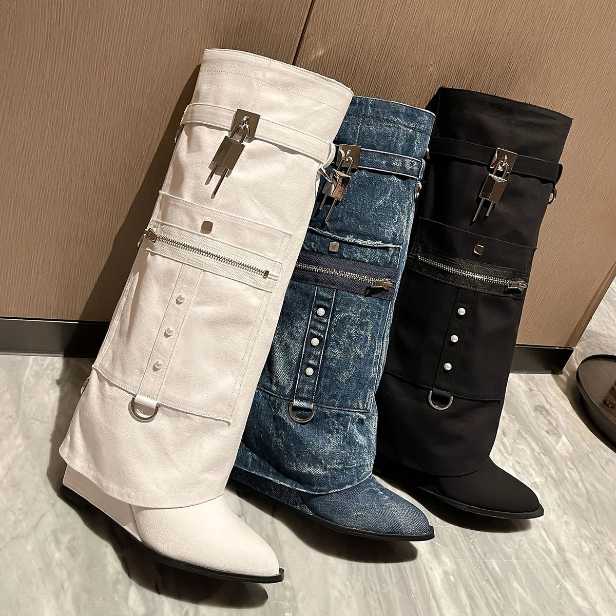 LBSFY  -  Denim Cargo Boots Wedges Pointed Toe Pocket Detail Padlock Zip Women Fashion Knee High Boots Cool Girl Punk Street Shoes New