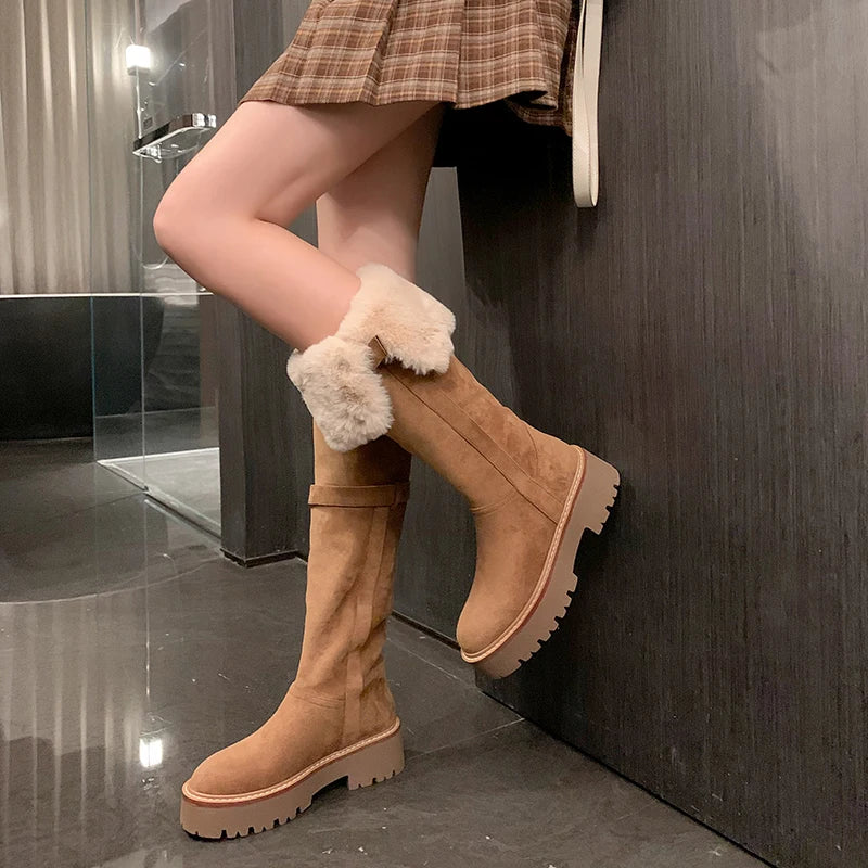 LBSFY  -  Cow Suede Leather Boots Women Slip On Wool Warm Winter Knee High Boots Handmade Ladies Platform Snow Boots Shoes