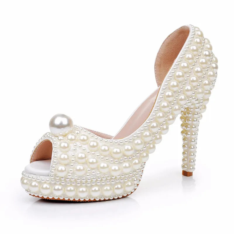 LBSFY  -  Handmade Luxury Full Pearls Peep toe Women Pumps Fashion Platform Wedges Hollow out Stiletto High heels Banquet Wedding shoes