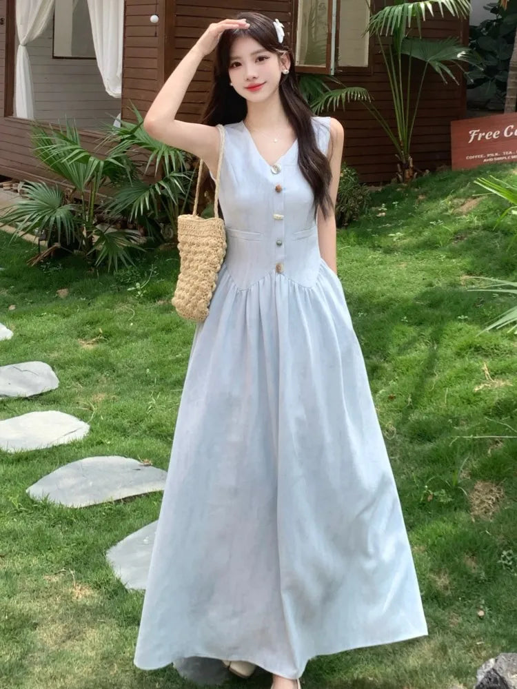 LBSFY -Women's French Fashion Elegant Long Dresses Summer Vintage V-Neck Single Breasted Slim Waist Dress 2025 New Basics Vestidos