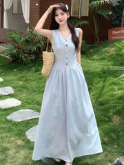 LBSFY -Women's French Fashion Elegant Long Dresses Summer Vintage V-Neck Single Breasted Slim Waist Dress 2025 New Basics Vestidos