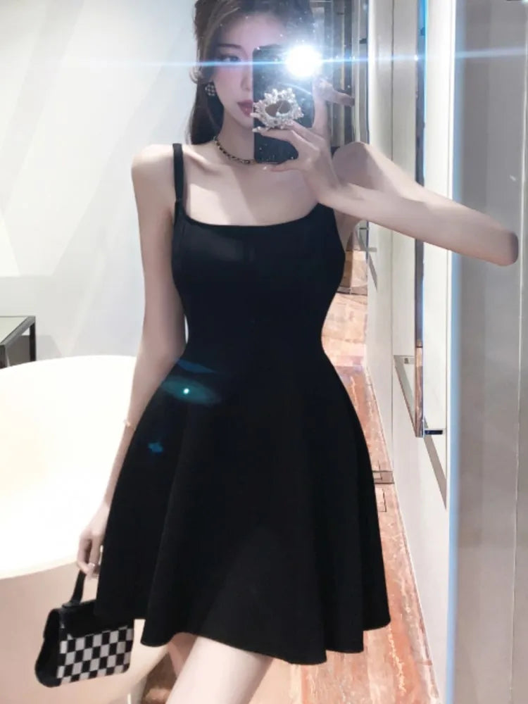 LBSFY -Black Sexy Spaghetti Strap Dress For Woman Elegant French Square-Collar Slim Waist Dresses Sleeveless Party Evening Skirt Summer
