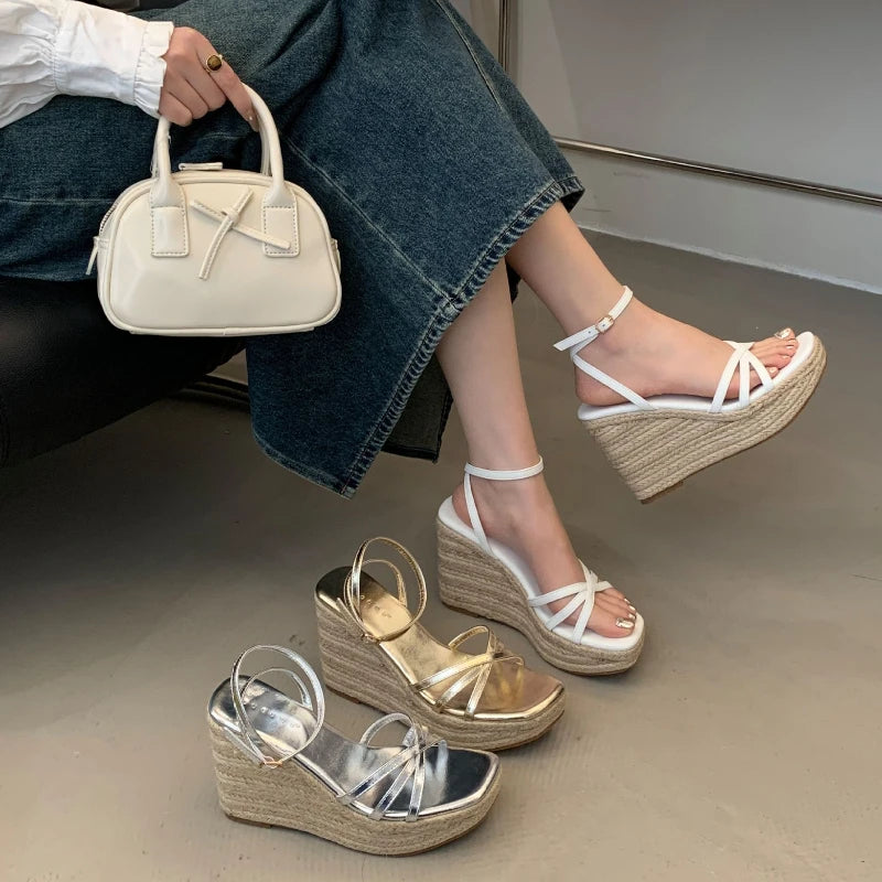 Lbsfy Summer New Weave Platform Sandals Women Fashion Narrow Band Open Toe Wedge Rome Sandals Ladies High Heels Sandalias De Mujer