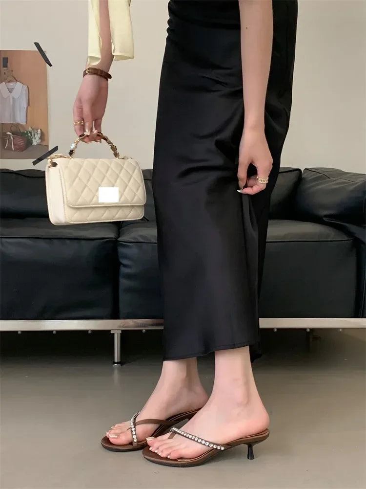 LBSFY -Summer Fashion Crystal Clip Toe Slippers Women Elegant Low Thin Heels Sandals Flip Flops Slide Shoes Zapatos De Mujer