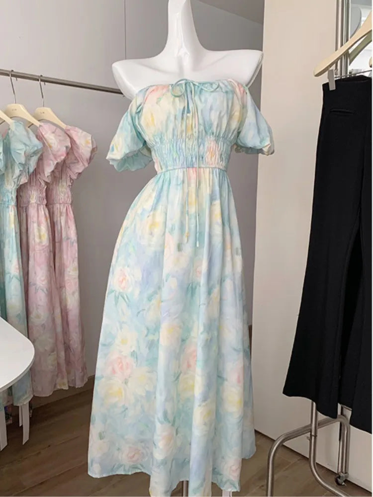 LBSFY -Women's Korean Print Elegant Long Dresses Summer New Elastic Puff Sleeveless Lace-up Dress 2025 Chic Holiday Vaaction Vestidos