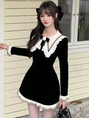 LBSFY -Y2K Sweet Velvet Womens Dresses French Patchwork Princess Flare Long Sleeves Birthday Party Mini Dress Female Short Vestidos New