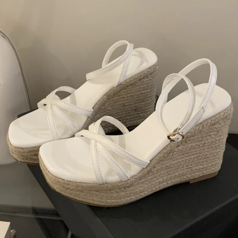 Lbsfy Summer New Weave Platform Sandals Women Fashion Narrow Band Open Toe Wedge Rome Sandals Ladies High Heels Sandalias De Mujer