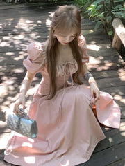 LBSFY -Korean Summer Elegant Fashion Women's Dresses Puff Sleeves Square-Collar Vintage Folds Split Lace Up Long Dress 2025 Vestidos