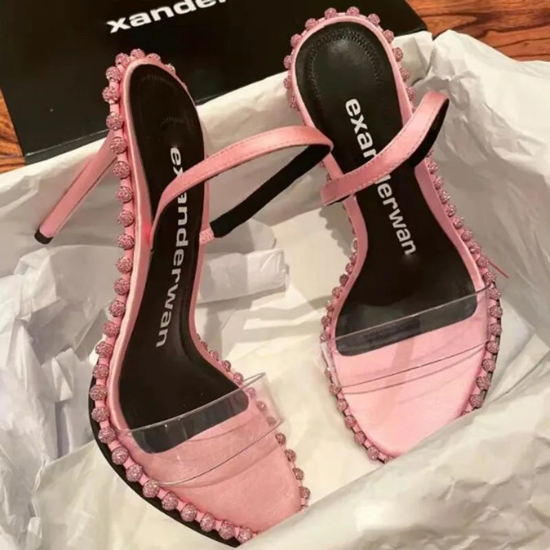 LBSFY  -  Open Toe PVC Crystal Sandals Women High Heels Summer Wedding Party Dress Slingback Shoes Rhinestone Sandalia Feminina Rivet