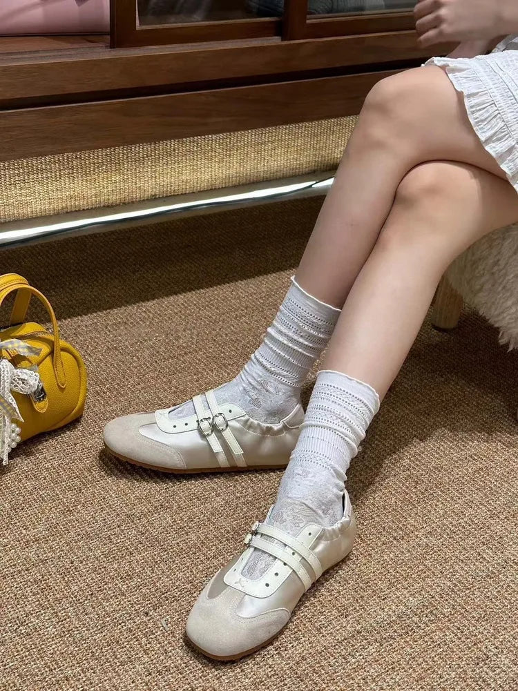 LBSFY -Silver Ballet Flats Women's Soft Leather Sport Mary Jane Ribbon Embellished Adult 1 Slip-on Casual Shoes