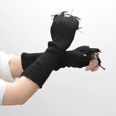 Lbsfy New Girl Gloves Black  Beige Tattered Punk Unisex Fingerless Cuff Knit Glove Women Men Elbow Mittens Broken Arm Warmer Gloves